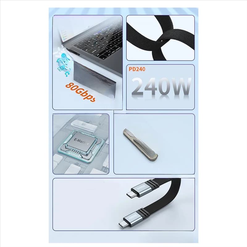 ABUO-USB4 Dual Type-C Full-Function Data Cable Braided 15Cm 80Gbps PD240W Fast Charge Integrated Power Bank Short Line Process