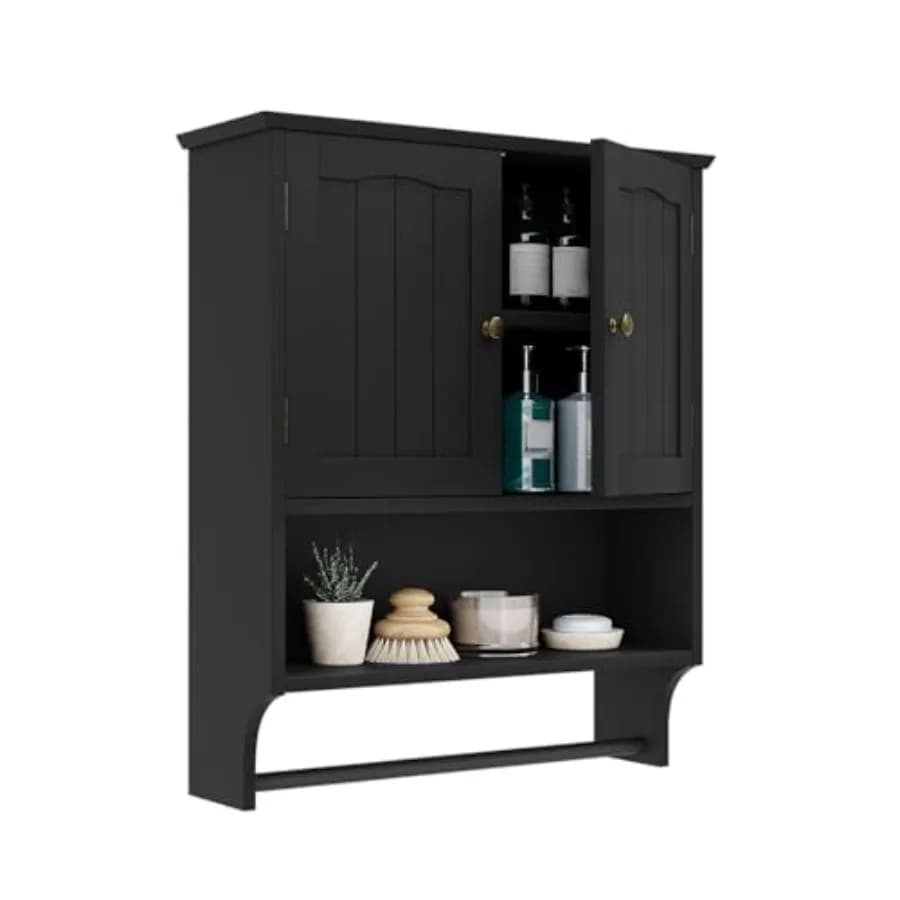 Mobiletto da Bagno Nero a Parete con Portasciugamani e Armadietto Portamedicinali, Design a 2 Ante con Ripiani Regolabili, per Stoccaggio Sopra il WC