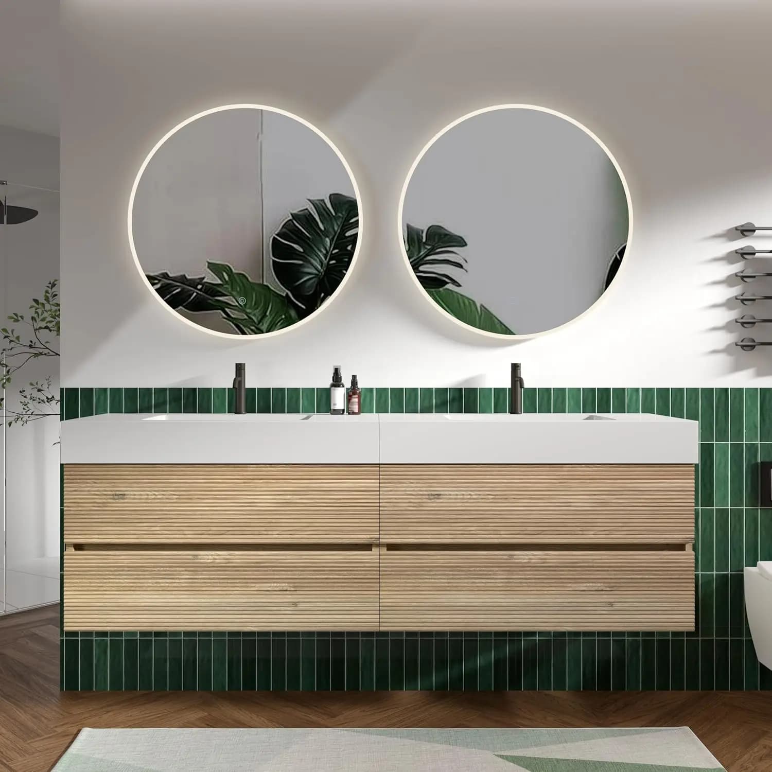 Mobile Bagno Moderno per Hotel con Specchio Illuminato, Design a Parete, Top in Legno, Doppio Lavabo in Ceramica