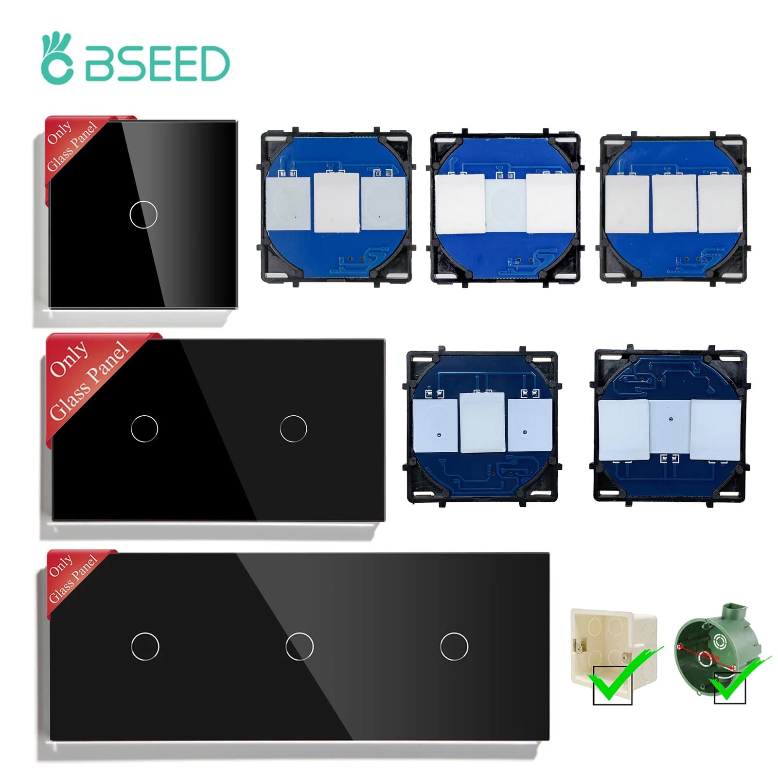 BSEED 1/2/3Gang Sensore Interruttore tattile Pezzi di ricambio Interruttori della luce da parete Base 1/2/3Way Pannello in vetro Standard UE FAI DA TE Combinazione libera