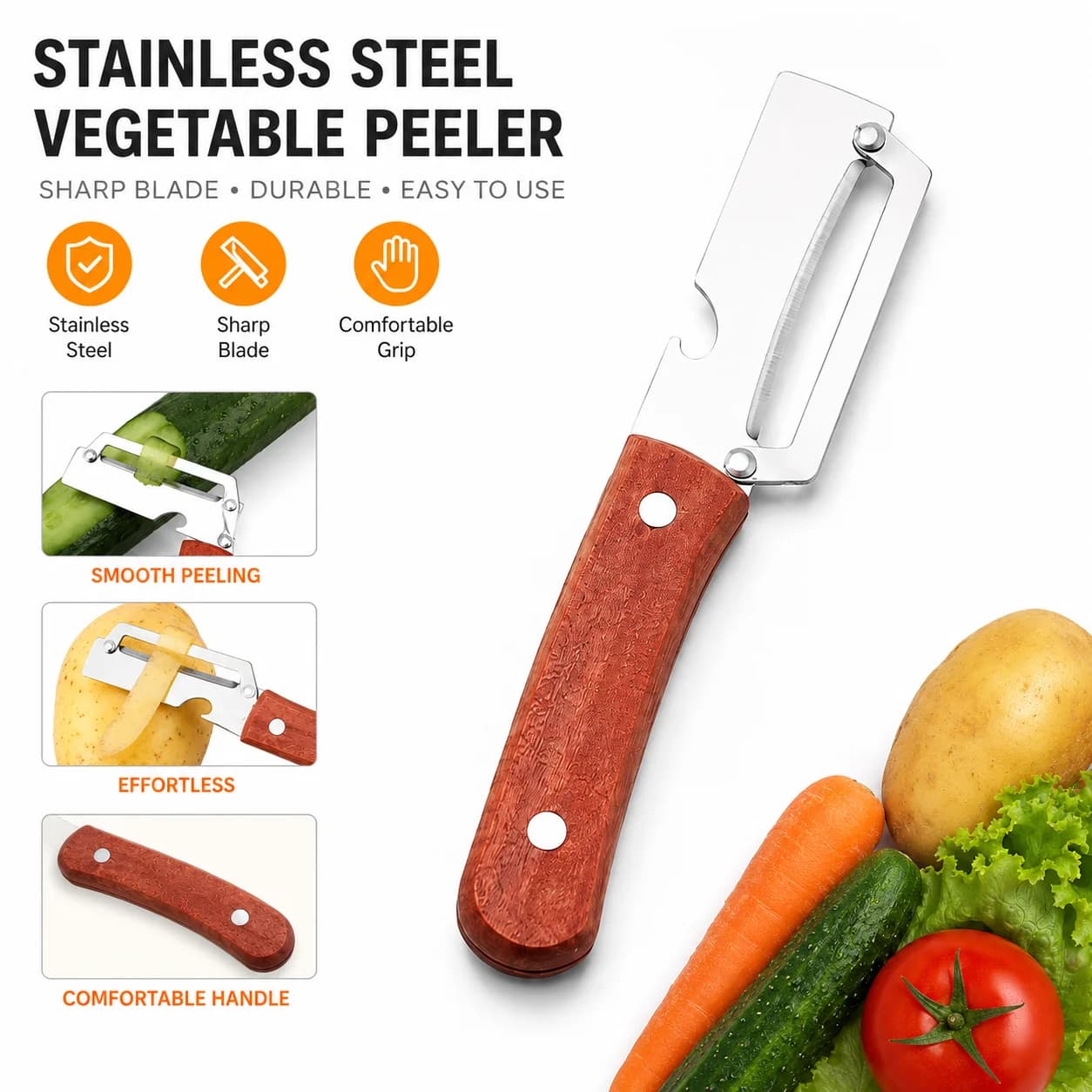 1pc Stainless Steel Vegetable Peeler with Wooden Handle Multifunctional Potato Fruit Peeling Knife Kitchen Tool