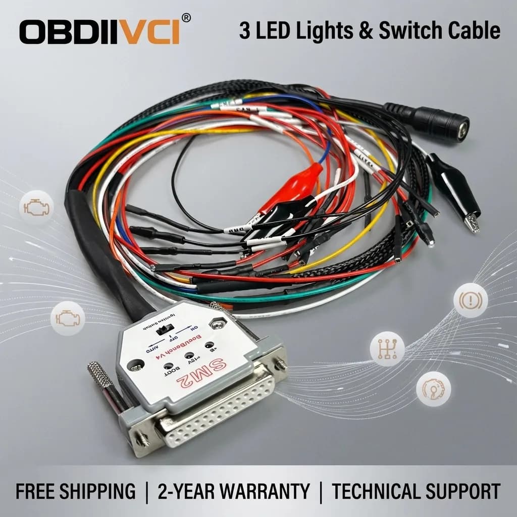 Cavo SM2 PRO J2534 con 3 luci LED e interruttore, cavo per pinout/boot ECU per lettura/scrittura VCI ECU (BATT/VCC/KLINE/CAN-L/CAN-H)