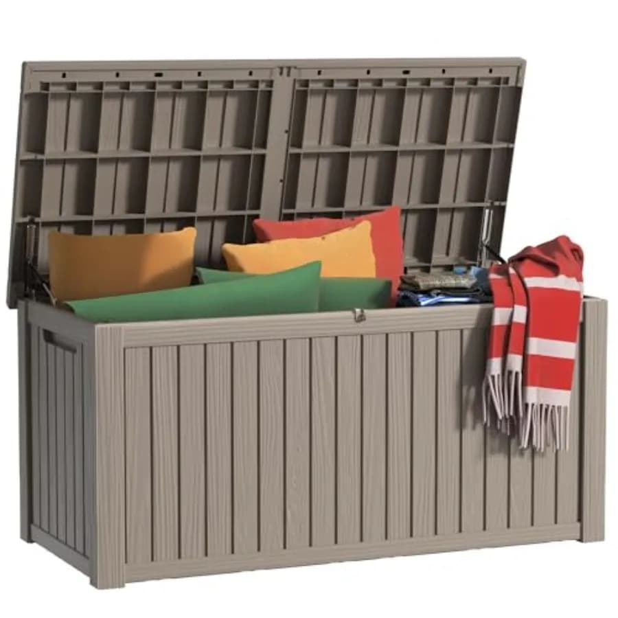 200 Gallon outdoor storage box for patio furniture and garden tools, resin material, grey color, waterproof and lockable