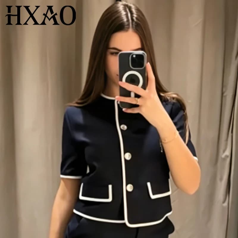 Top Corto da Donna HXAO Blu e Bianco a Contrasto Primavera Estate 2026 Elegante con Bottoni Maniche Corte Scollo a O Gilet Chic per Vacanze Canotta