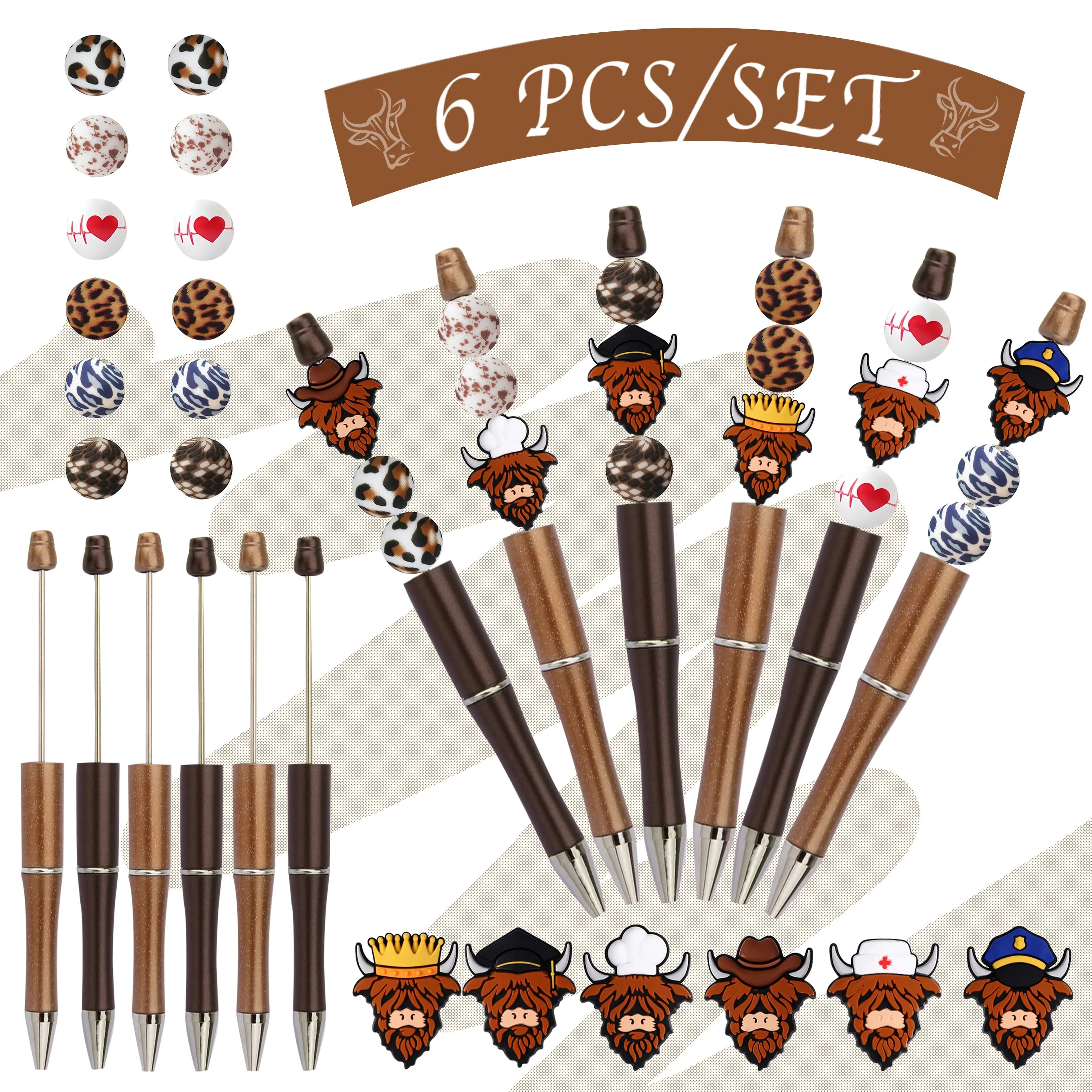 6PCS.12PCS Stile Boemo Highland Bull Tema Penna a sfera con perline fai da te e set di perline in silicone, fornitura per ufficio e studio