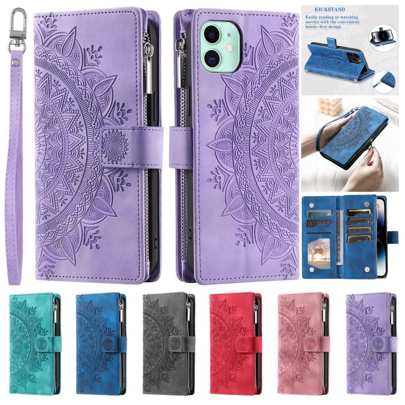 Fonda S24 + S24FE Totem Custodia per carte con cerniera per Samsung Galaxy S24 S23 S21 FE S22 S20 Ultra S10 Plus Portafoglio in pelle Proteggi la copertura