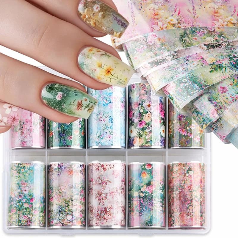 10 Rotoli di Carta Transfer per Nail Art, Fogli con Motivi Floreali e Rose per Decorazioni Unghie Fai-da-Te e Forniture per Salone