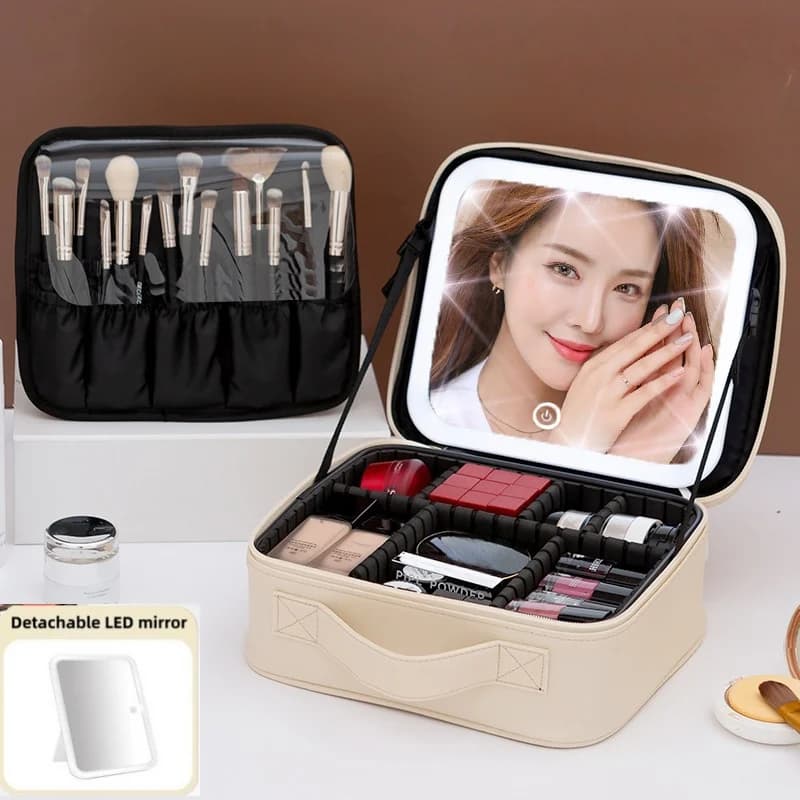 Large Capacity Women's Makeup Bag With LED light Mirror Portable Travel Cosmetics Case Beauty Tool Organizers Storage Box