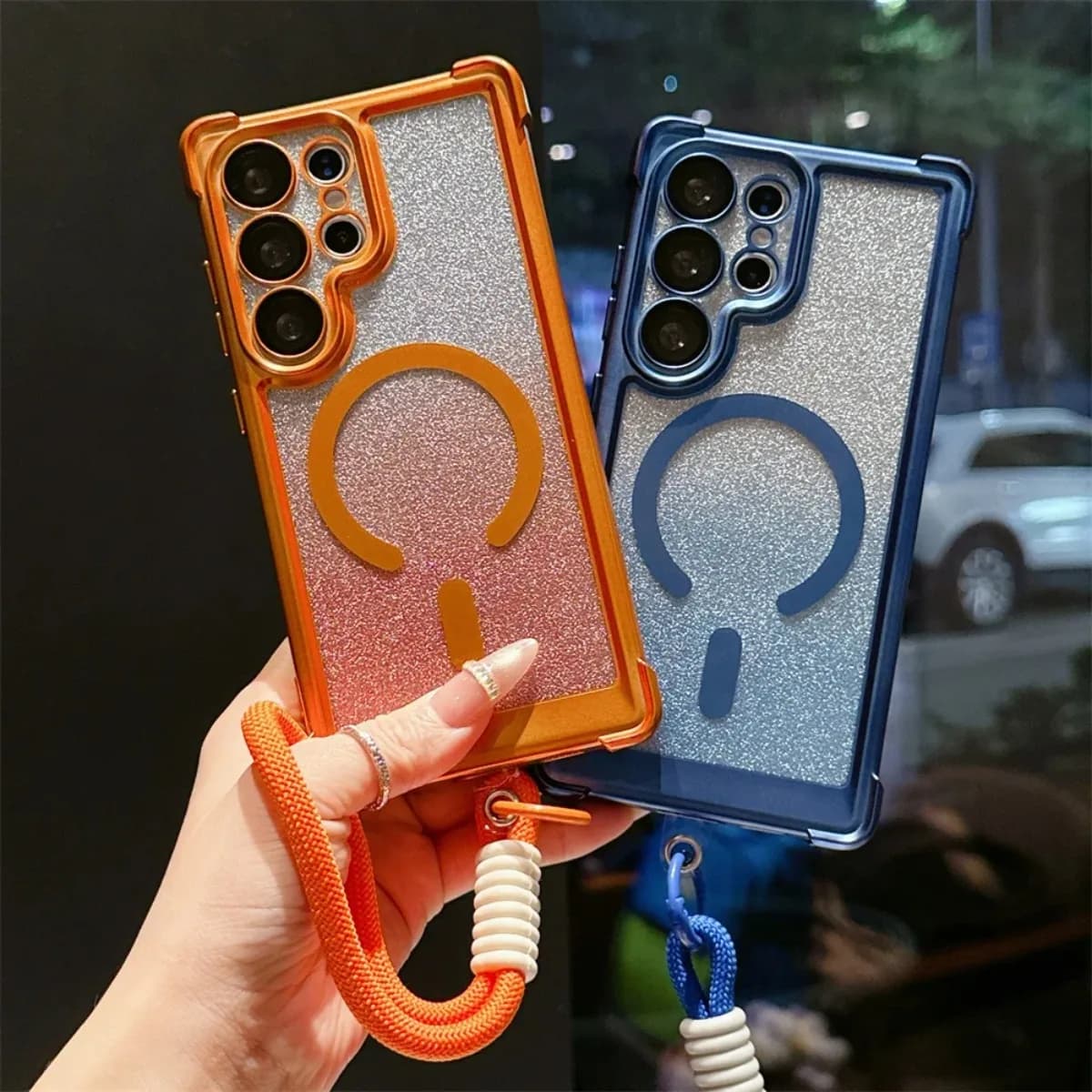 Custodia per telefono di lusso magnetica elettroplaccata con glitter e cinturino da polso per Samsung Galaxy S26 Ultra S25 Plus + S24 FE S23 compatibile con MagSafe