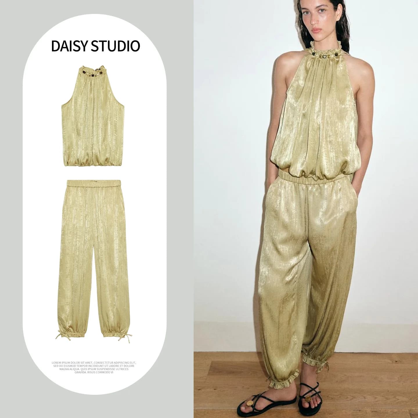 Elastic Waist Lantern Pants And Blouse with Bead Decoration Full Skirted Hemline Women's Summer Fashion Set round Neck Top