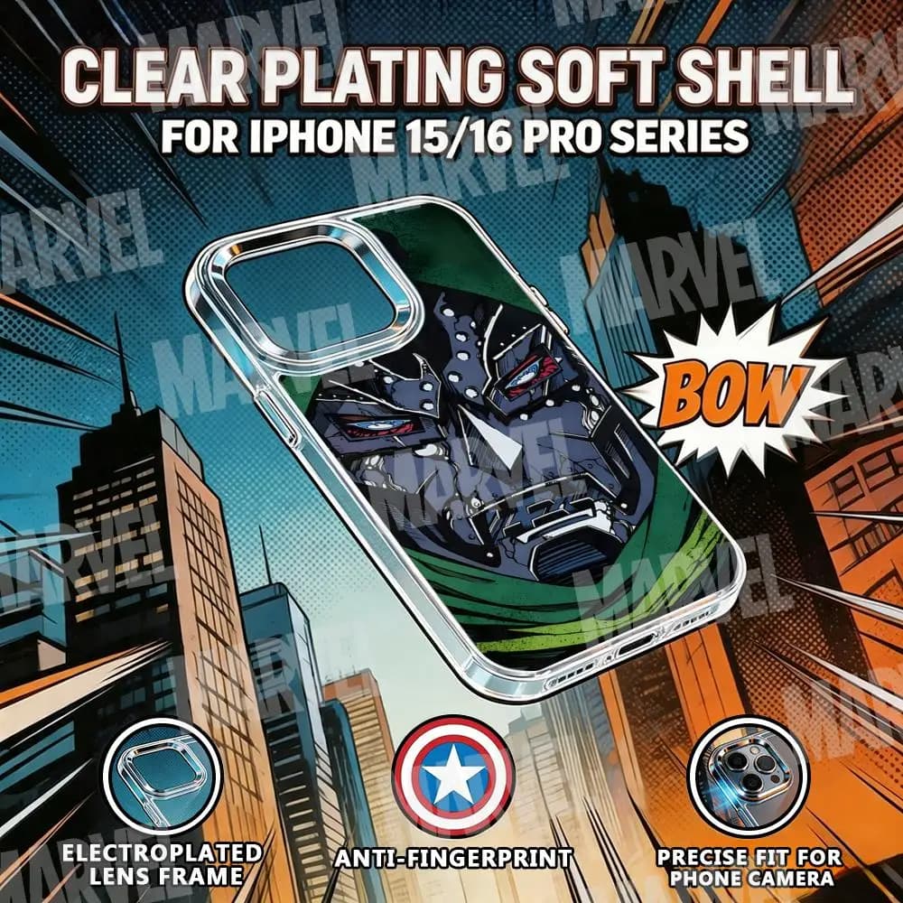 Cover per telefono Doctor Doom MARVEL per iPhone 17 Air 16 15 14 13 12 11 Pro Max Plus con pulsante cromato e anello per fotocamera trasparente
