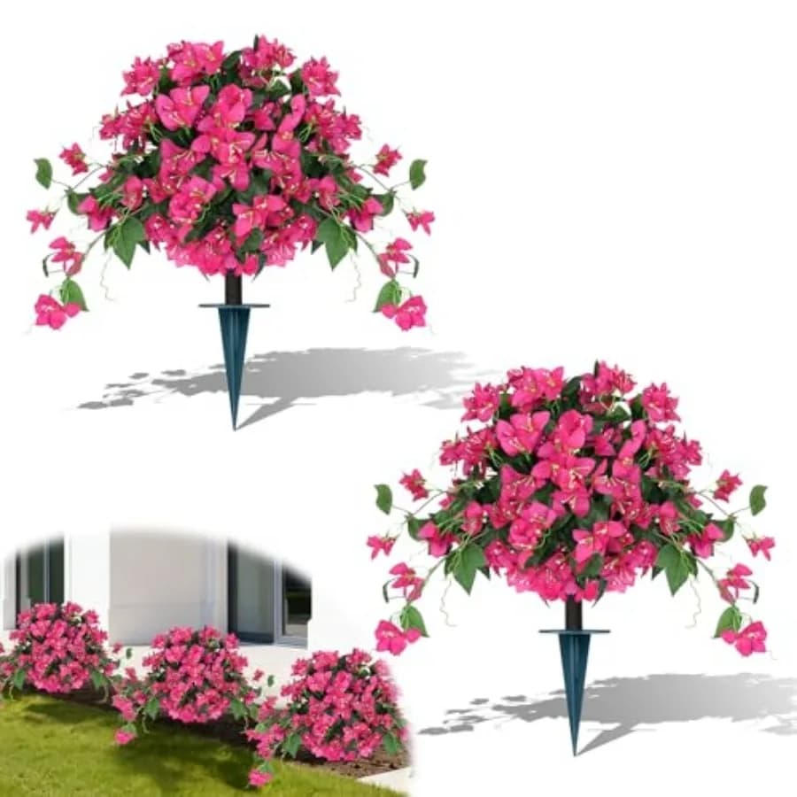 Artificial Topiary Trees Set of 2, Pink Fake Shrubs Bushes with Ground Spike, Faux Evergreen for Porch Plants, UV Resistant Art