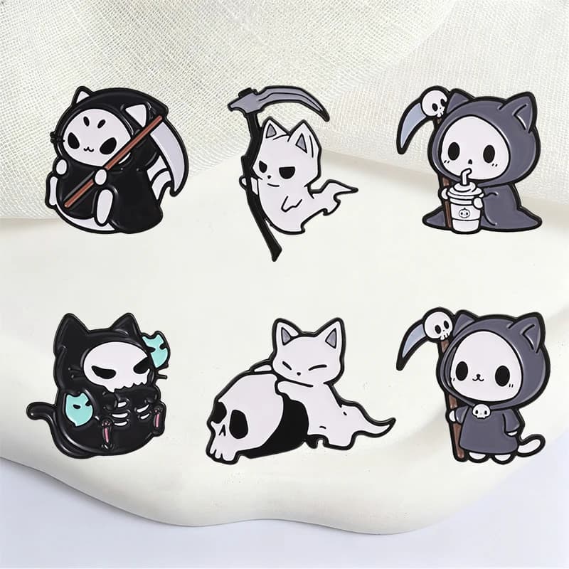 Halloween Cute Grim Reaper Cat Badge Cartoon Skeleton Ghost Enamel Pins Fashion Lapel Metal Brooch Backpack Clothes Jewelry Gift