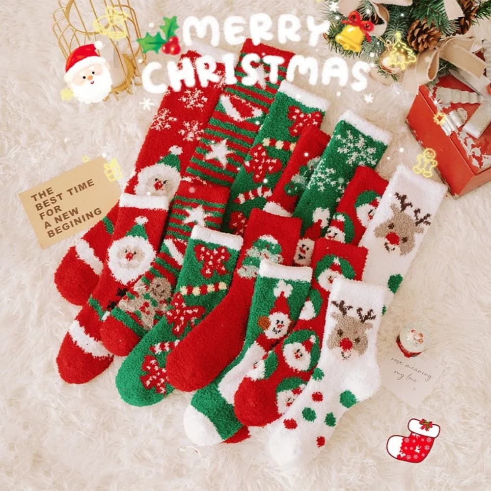 Winter Warm Cartoon Christmas Socks Plush Soft Bed Socks Fluffy Socks Elk Santa Claus Coral Fleece Socks For Women