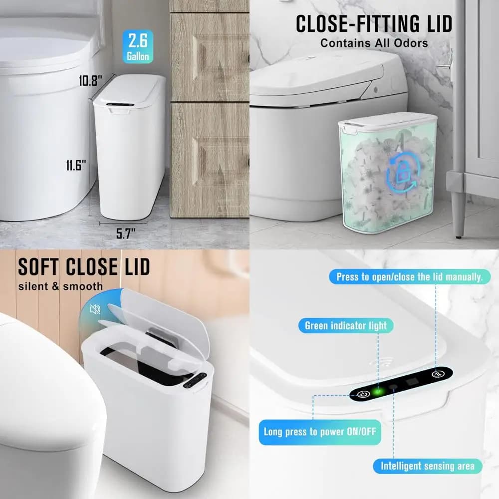 Bidone della spazzatura touchless da 2,6 galloni, cestino per rifiuti bianco sottile per bagno, ufficio, camper e casa