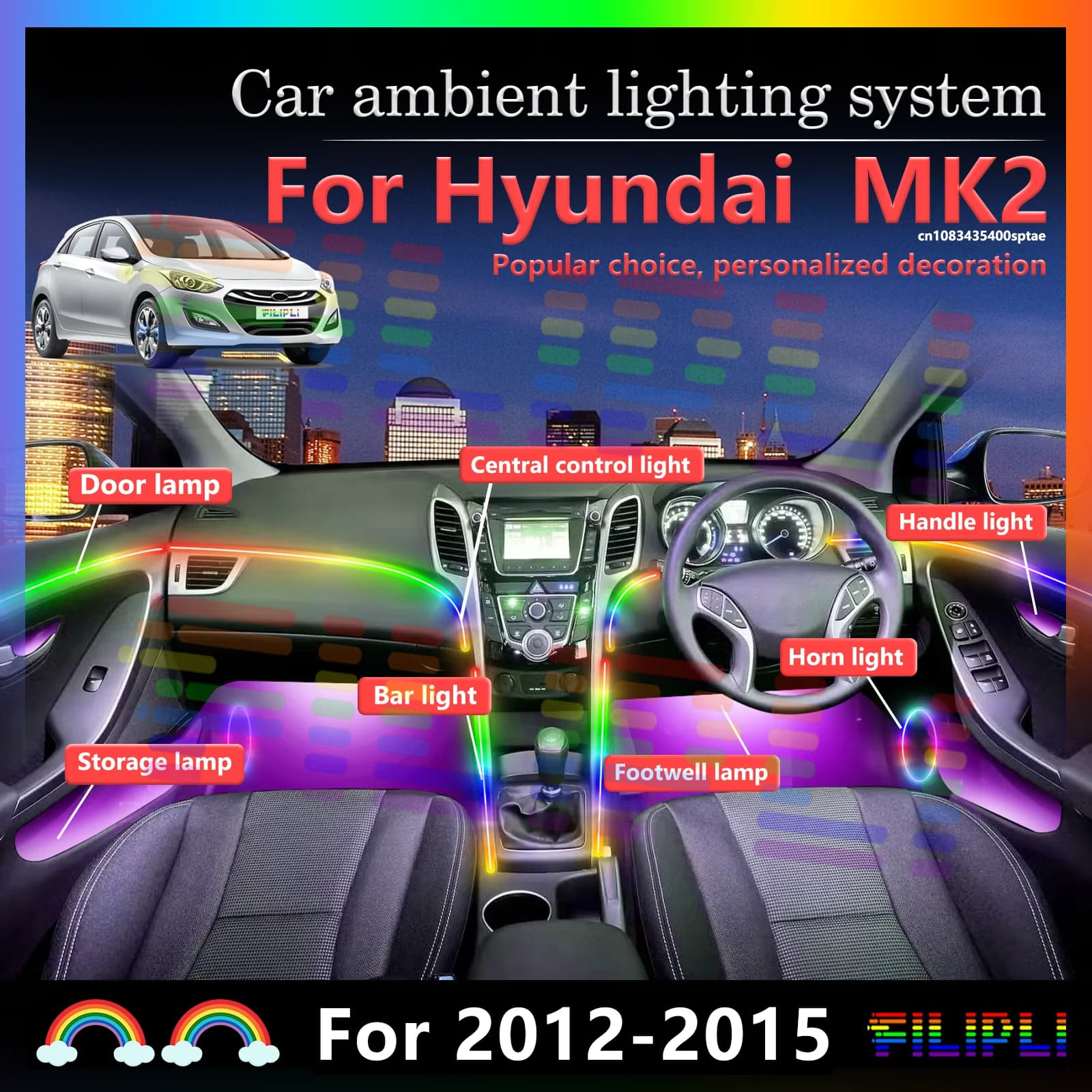14 In1 for Hyundai i30 MK2 GD Car LED Ambient Lamps Colorful Atmosphere Lights Auto Interior Neon Strip 64 RGB Lighting 12V APP