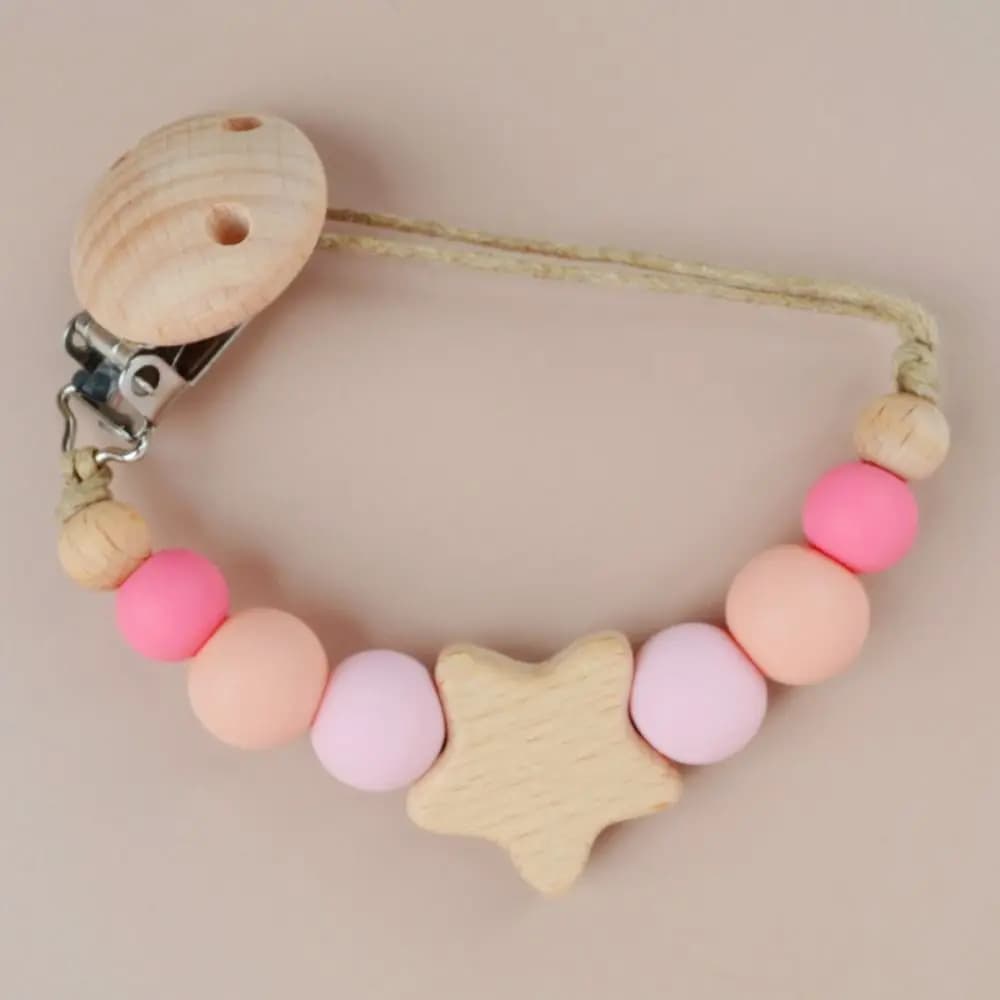 Clip per ciuccio Clip per porta ciuccio Porta succhietto in legno Catena per ciuccio per bambini Stella Clip per porta capezzoli Massaggiagengive per bambini Cinghie per giocattoli Bambino