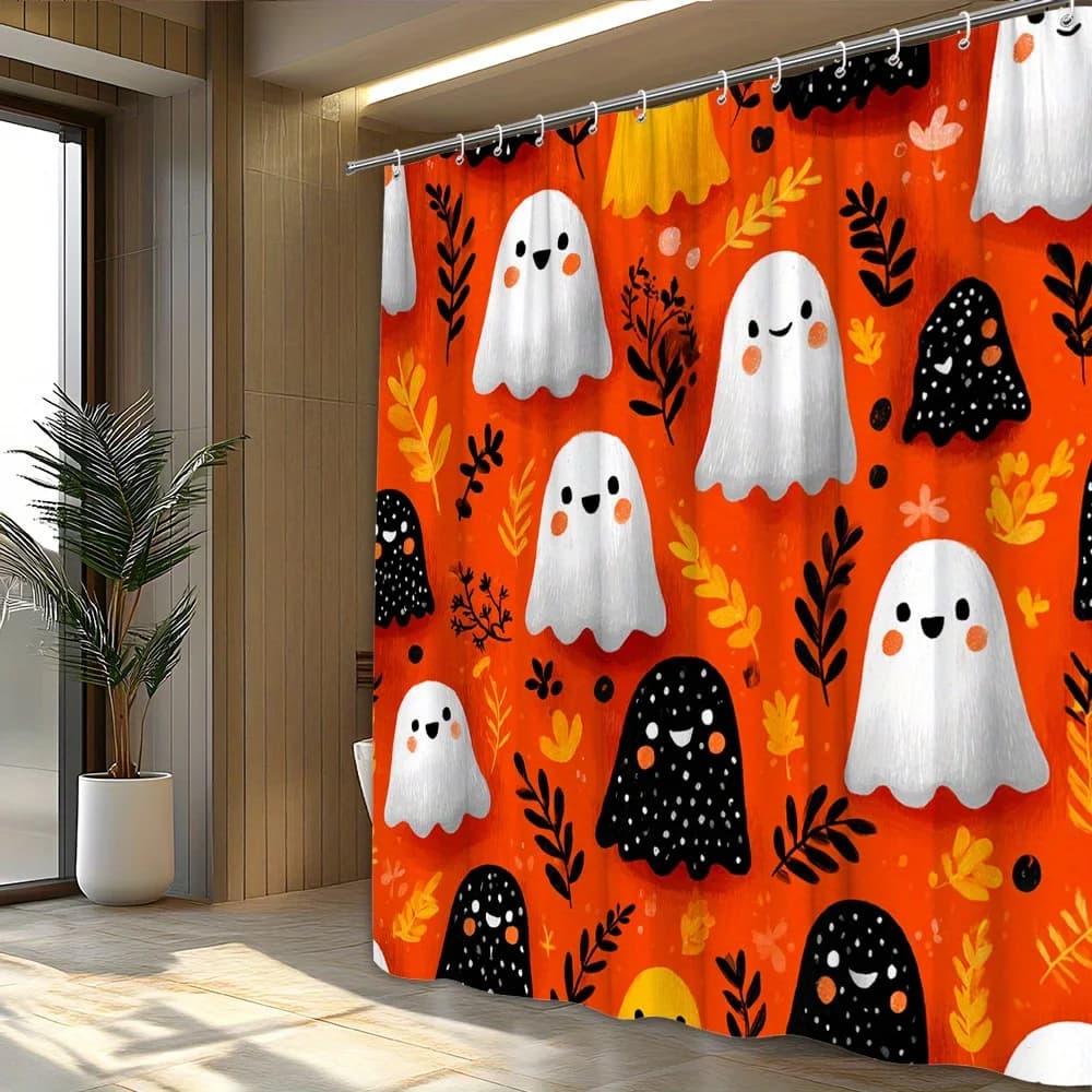 Tenda da doccia con foglie fantasma di Halloween da 1 pezzo - Sfondo arancione e foglie gialle, tessuto in poliestere, lavabile in lavatrice