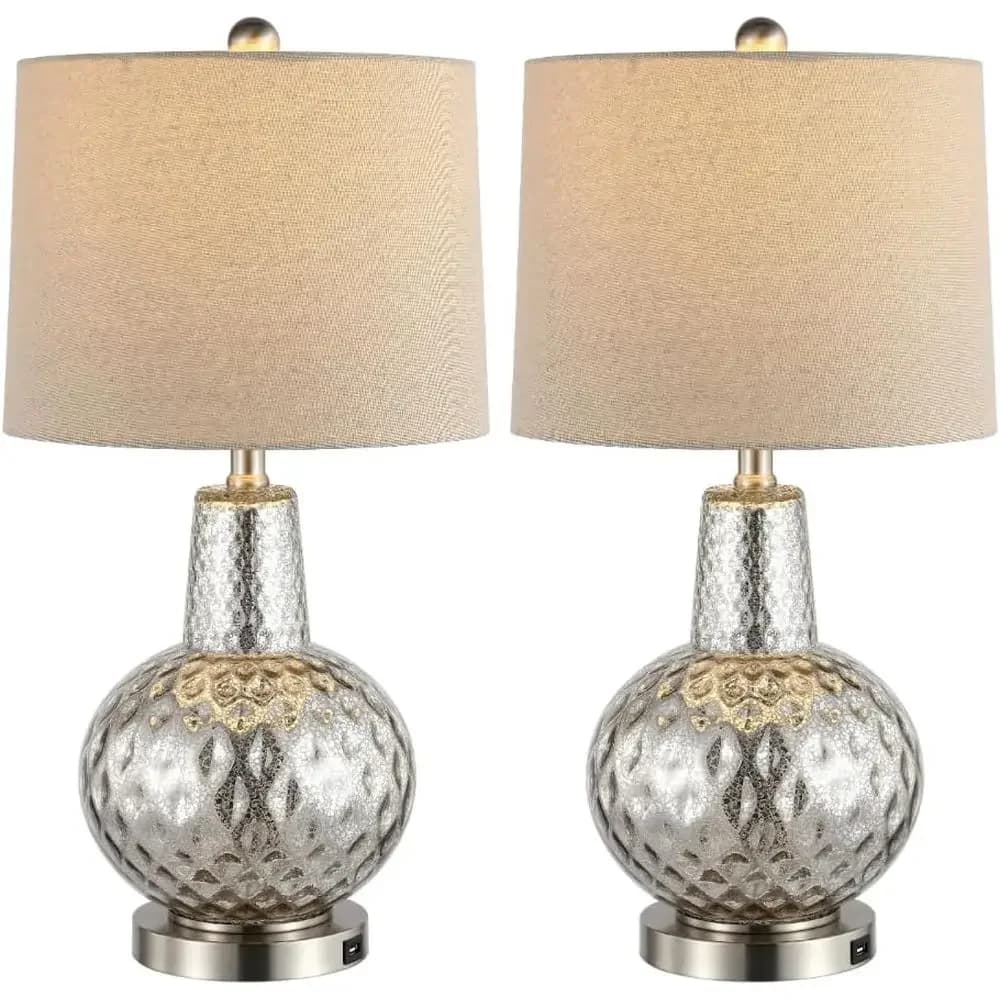 24-inch Silver/Ivory Shade LED Table Lamp for Bedroom, Living Room, Home Office, Desk, Nightstand