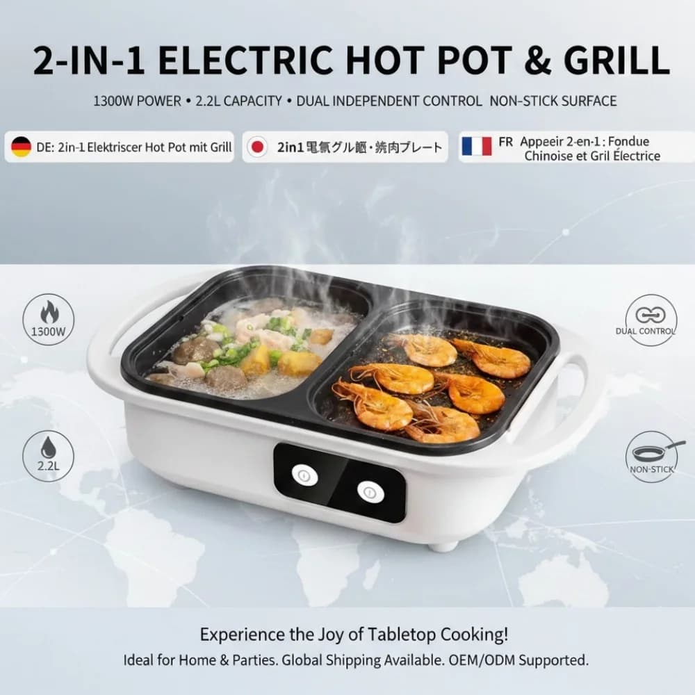 Multi-function hotpot electric grill with dual control small electric frying pan