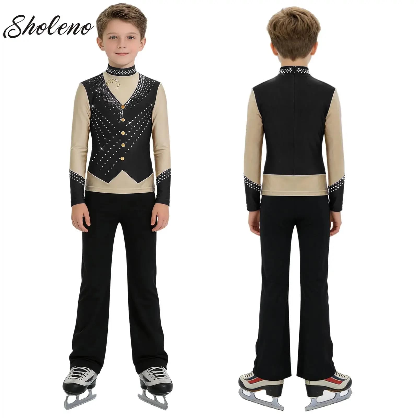 Completo da Pattinaggio Artistico per Bambini, Top a Maniche Lunghe con Strass Lucidi e Pantaloni, Costume per Esibizioni di Danza Jazz e Competizioni
