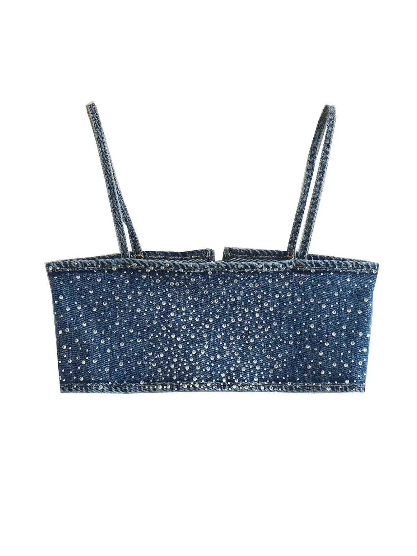 Women Sexy Hot Drilling Denim Short Sling Blouse Female Back Buckle Strap Blusas Chic Crop Tops LS3151
