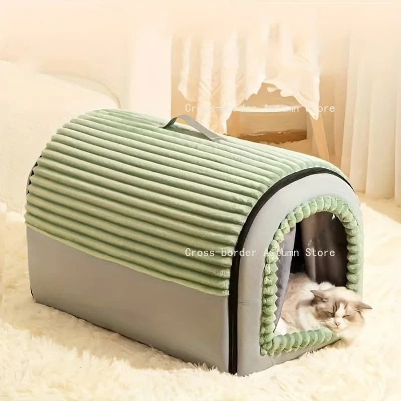 Enclosed Pet House with Door Curtain - All-Season Indoor Dog Bed & Cat Bed, Detachable Washable Warm Tent for Small Animals