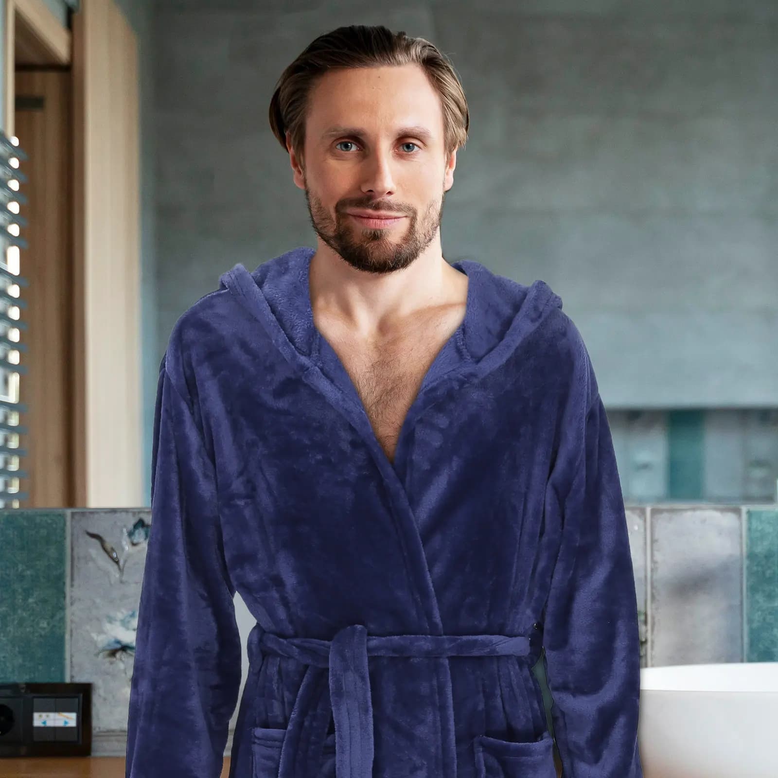Accappatoio da Uomo con Cappuccio Blu Navy, Lungo e Morbido in Spugna, Resistente all'Usura, per Doccia