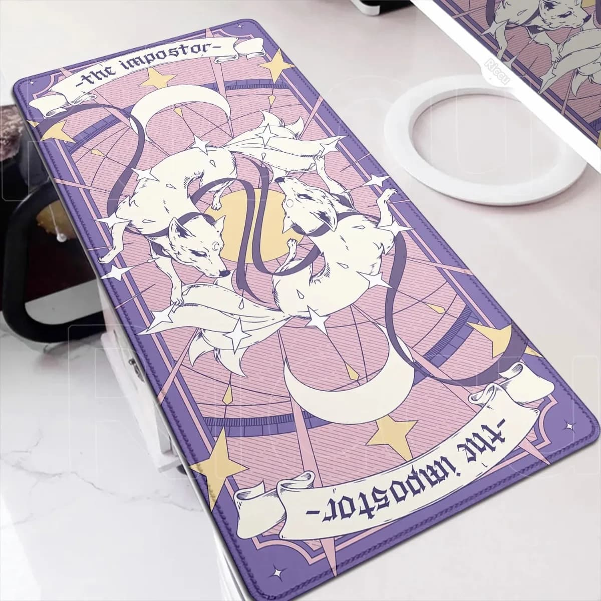 Tappetino da Gaming Esteso con Volpe Anime Viola, Base in Gomma Antiscivolo, Bordi Cuciti, Tappetino per Tastiera e Scrivania