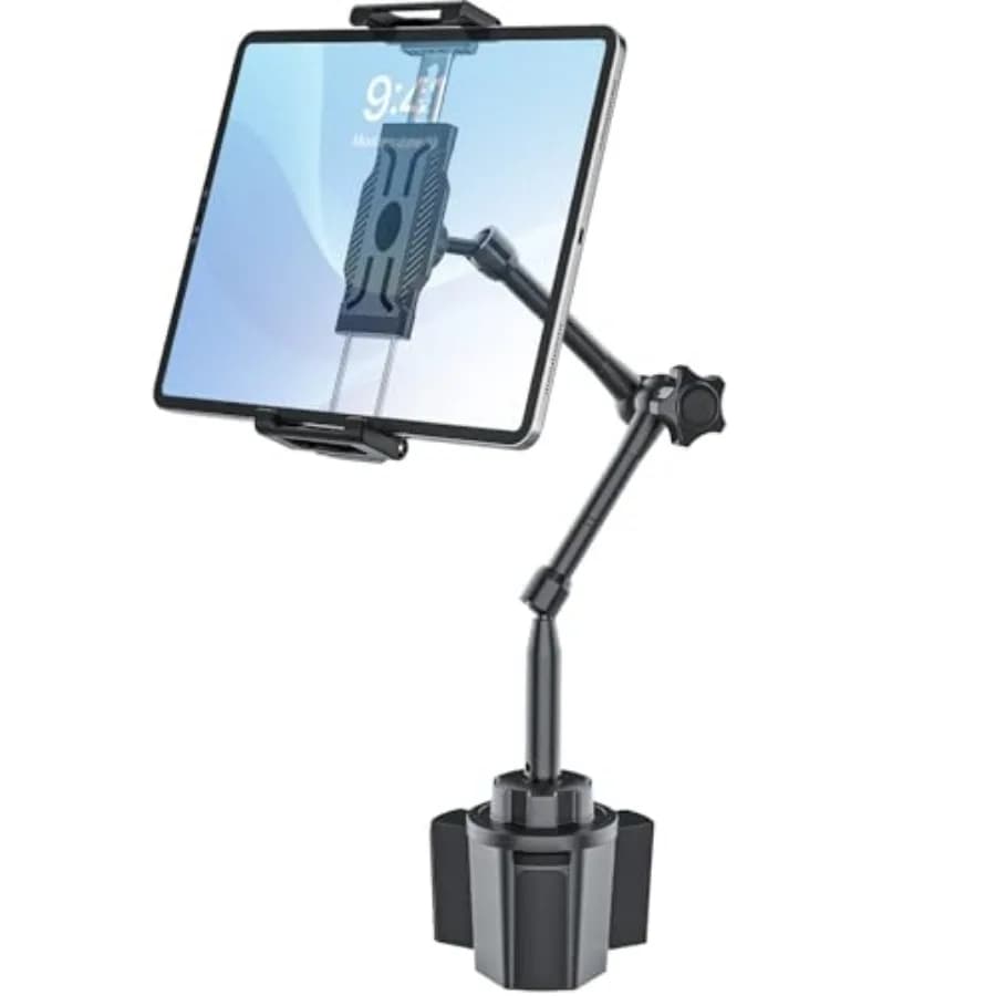 Supporto per tablet da auto per portabicchieri, braccio lungo in metallo, rotazione a 360° ° Supporto Rotante per Tablet da Camion, Golf, Tapis Roulant - Adatto per Custodie Spesse e Profonde (Max)