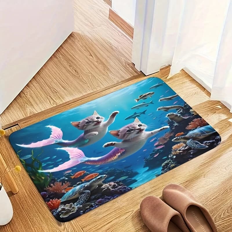 Zerbino in flanella per gatti sirena, antiscivolo, 16 x 24 pollici, super morbido e confortevole, con tappetino per scene subacquee