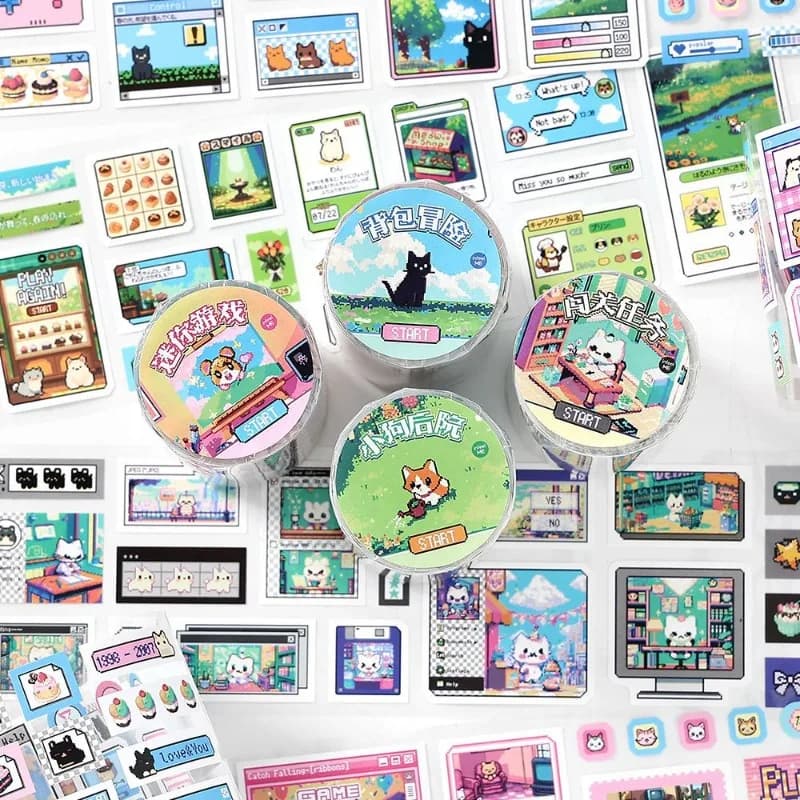Retro Y2K Game Pixel World Scrapbook Sticker DIY Decor Journal Background Washi Tape Kawaii Anime Stationerys Decal Kids Gift