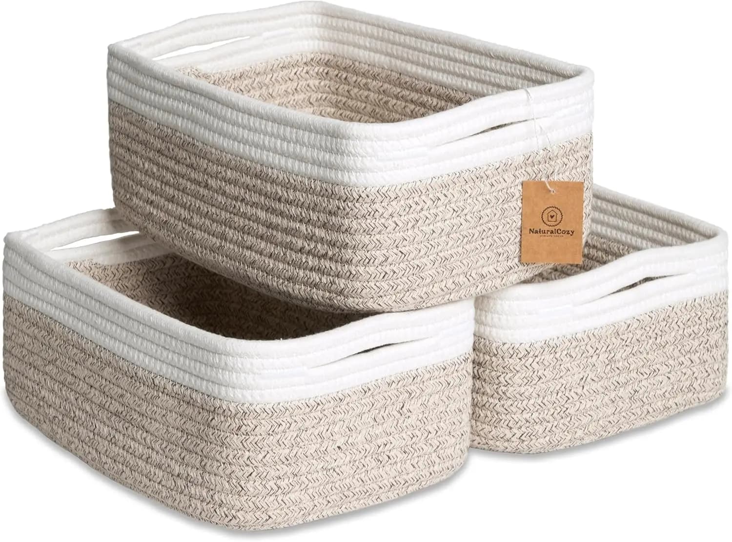 Set di 3 Cestini Portaoggetti in Corda di Cotone Intrecciata per Scaffali, Organizzazione Cameretta, Bagno, Armadio, Scaffale a Cubo - Regalo Decorativo