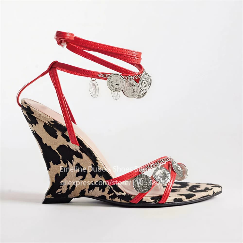 Leopard Print Coin Charm Strappy Wedge Sandals Open Toe Ankle Wrap Buckle High Heel Sandals Sexy Party Wedding Women Dress Shoes