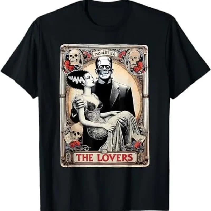 Maglietta horror The Lovers Tarot Card con divertenti personaggi di Frankenstein e la Sposa