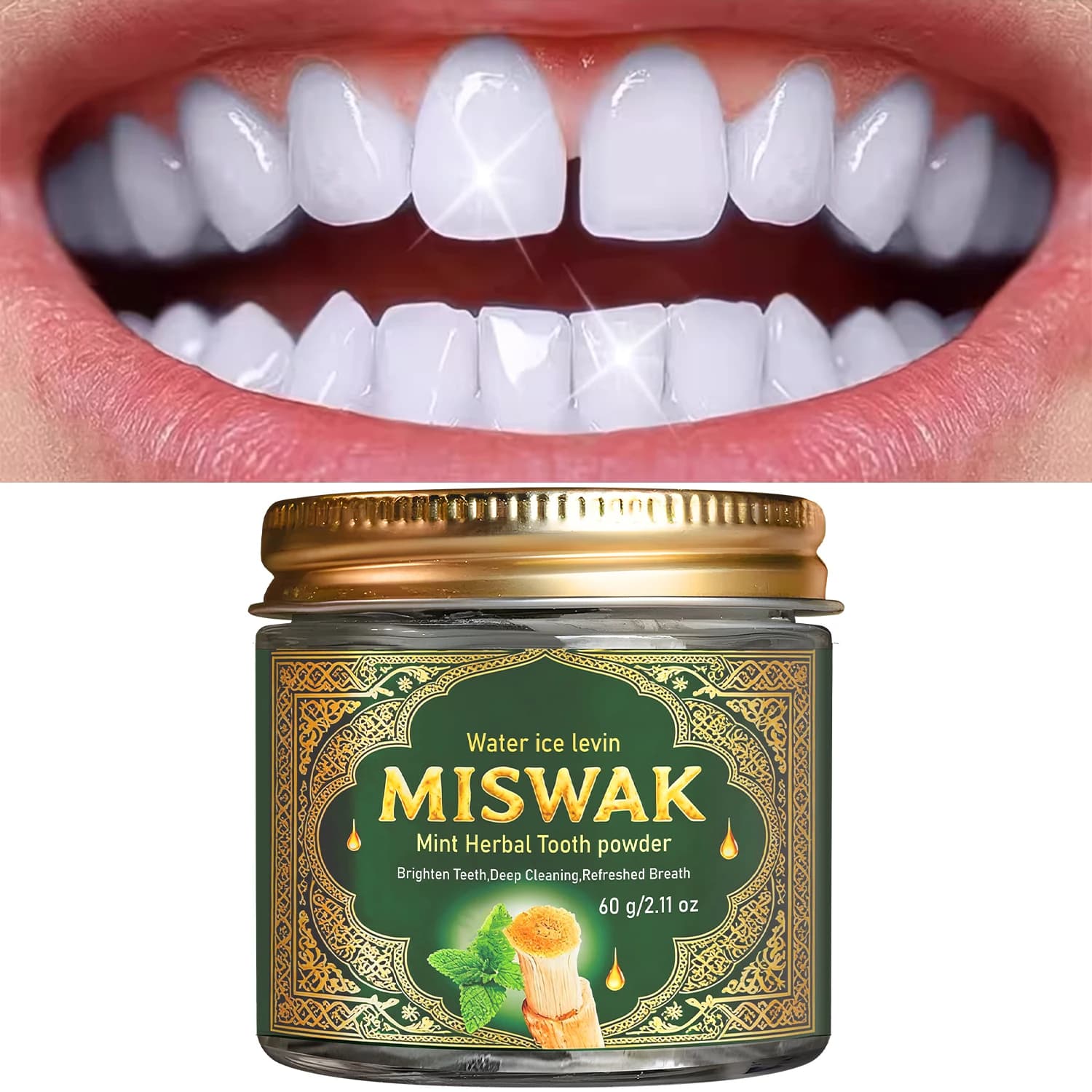 Powder Dentiphricia to the Miswak Menta Herbs - Deep Cleansing, Whitening Tooths and Fresh Food with Collagen and Hyaluronic Acid
