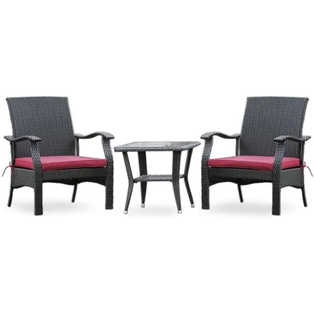 Set of compact garden furniture in black wicker with table with glass top and 2 padded chairs