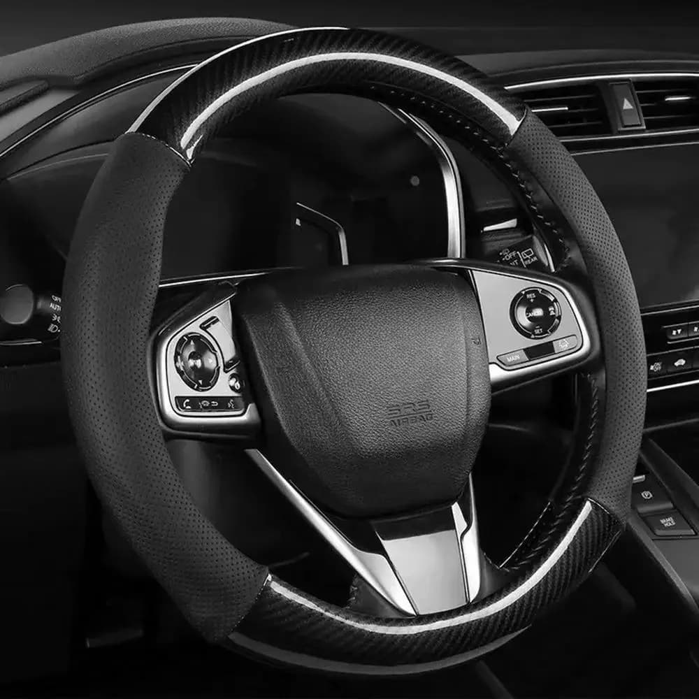 15in Carbon fiber car steering wheel cover, breathable and sporty, 4 season universal anti slip and wear-resistant handle cover