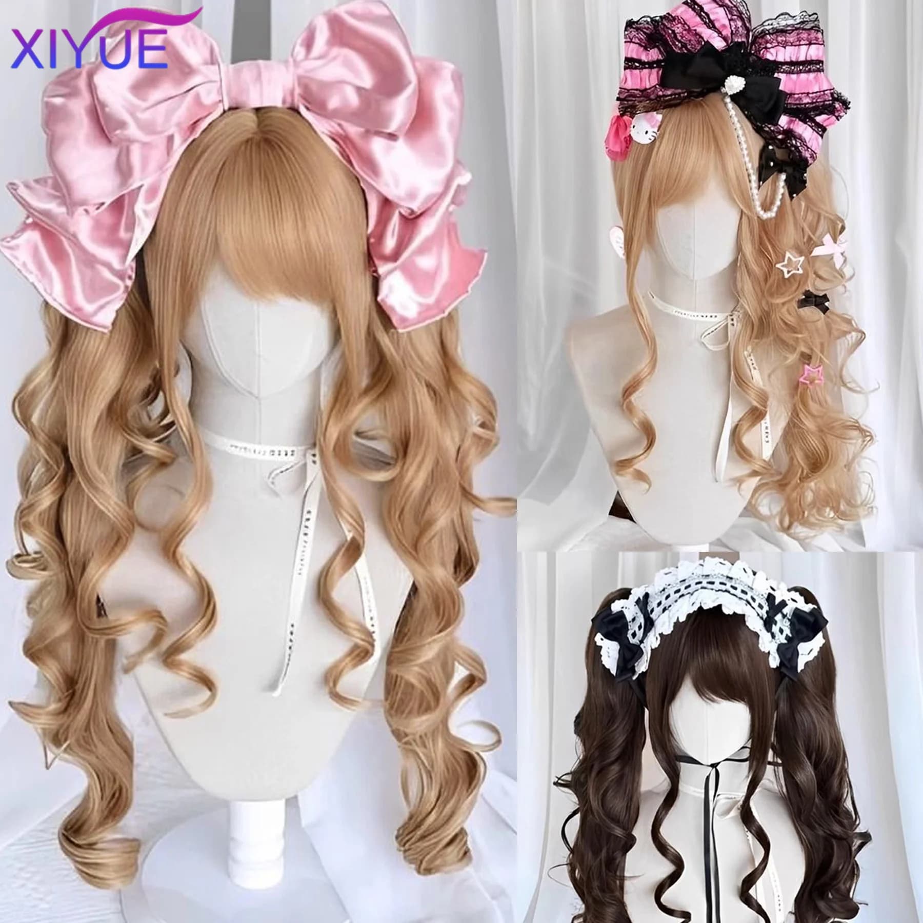 Parrucca Lolita sintetica con doppia coda di cavallo taglio principessa con frangia Parrucca Harajuku per ragazza Ombre Bionda marrone Cosplay Halloween