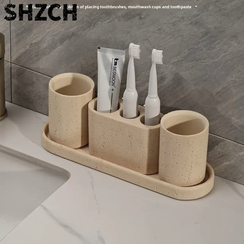 Stone Bathroom Accessories Set Toothbrush Holder Electric Stand Soap Dispenser Tray Beige Vanity Organizer for Hotel Sink
