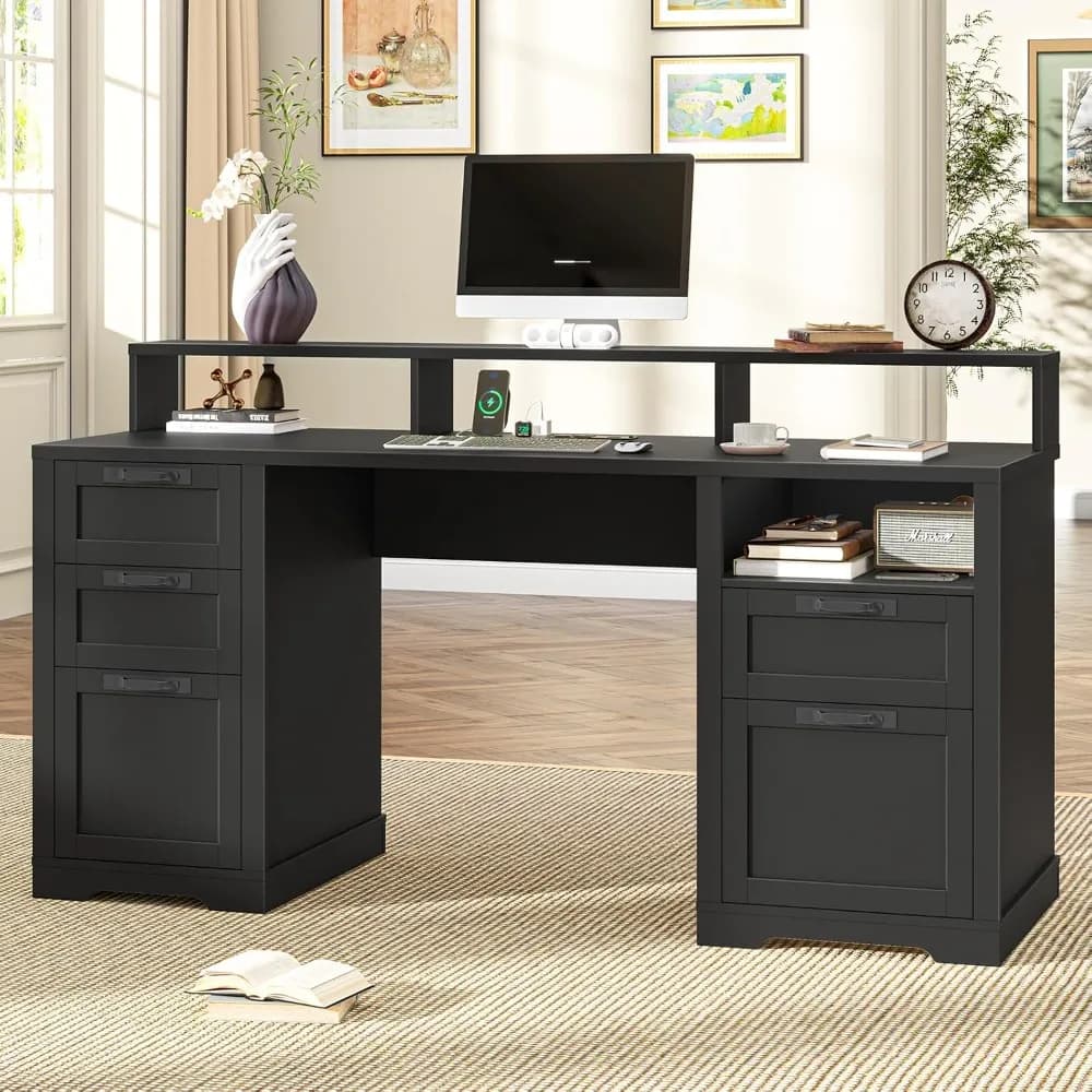 61" Farmhouse Executive Desk with Monitor Stand & File Drawers,Computer Desk with Storage Drawers,Large Workstation, Customized