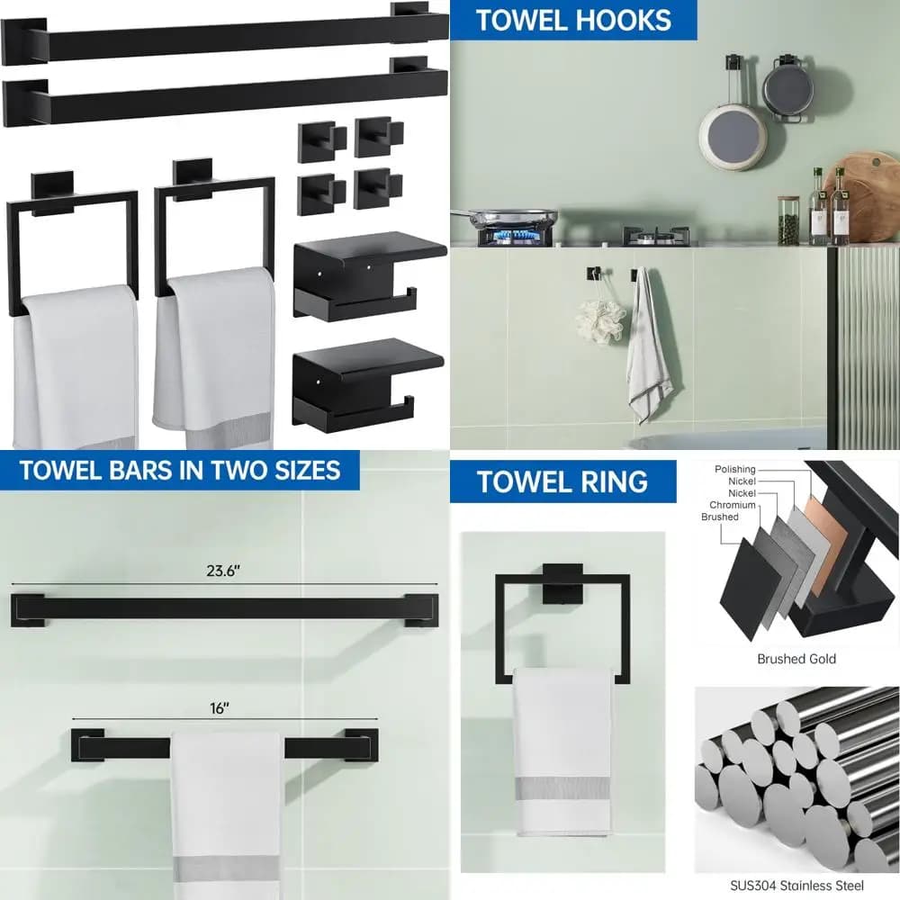 Set di accessori per il bagno in acciaio inossidabile: portasciugamani a parete, porta carta igienica, ganci, 23,6 pollici, accessori da bagno moderni