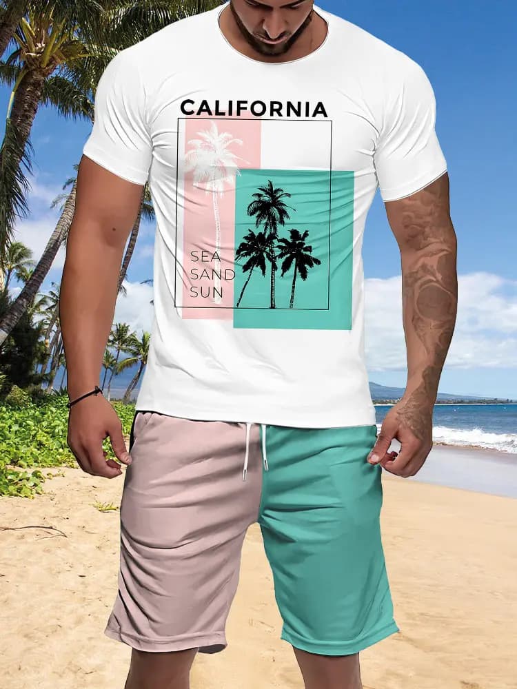 EU Plus Size Print Tee Drawstring Sports Shorts Matching Set