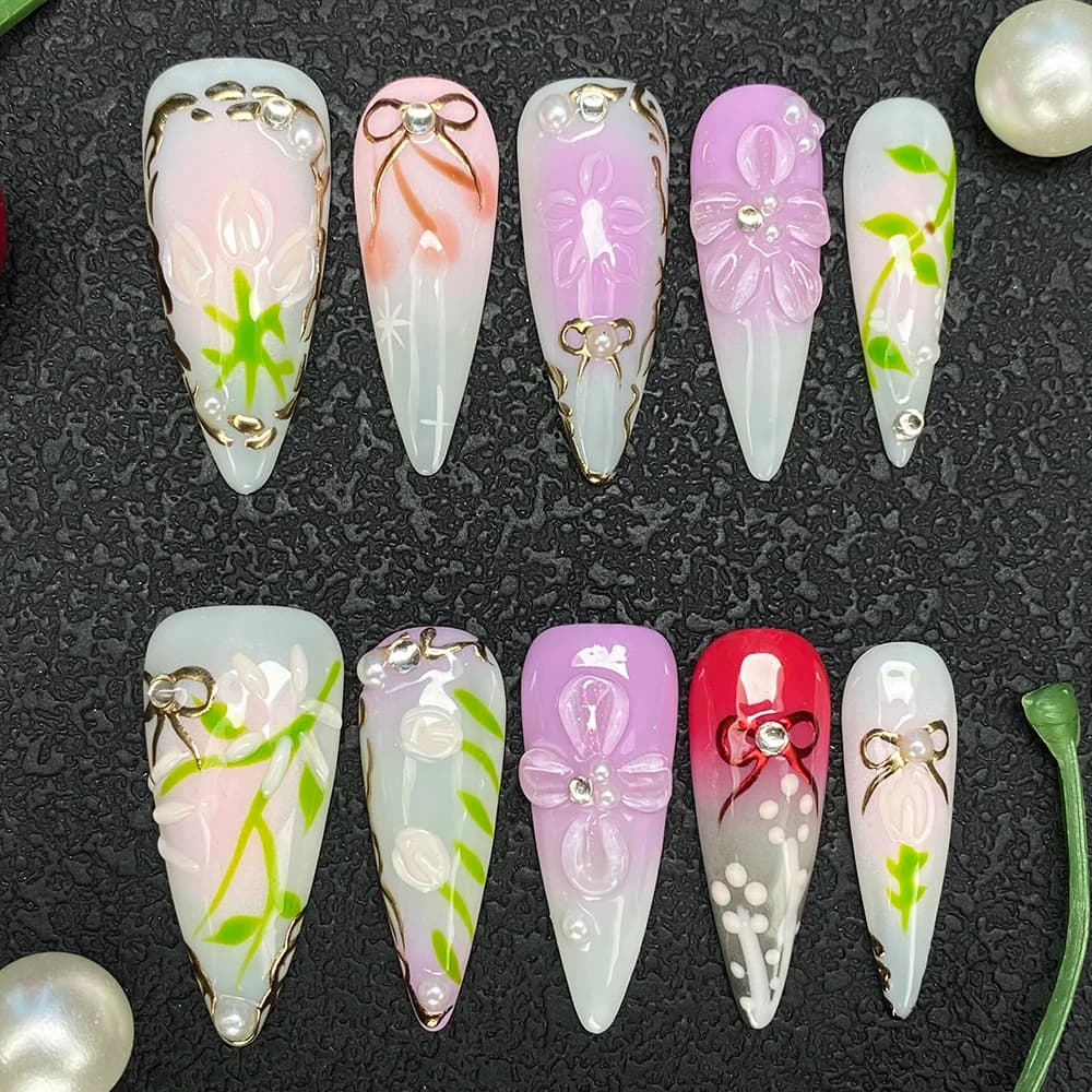 Hand-Paint Gorgeous Y2K Exquisite Salon Design 35mm Handmade Nails Presson Glossy Thick Acrylic Detachable Artificial Fingernail