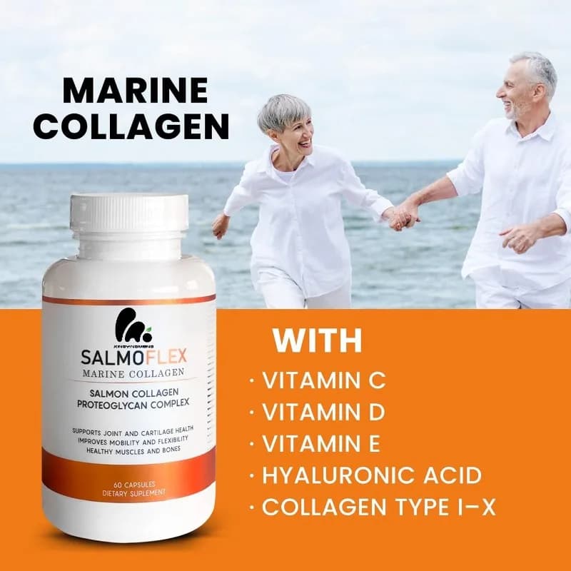 Marine Collagen Peptides Contain Hyaluronic Acid and Vitamins C, D, E - Hair, Skin, and Nails -60 Capsules