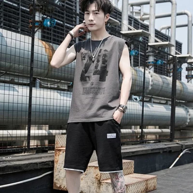 Trendy Summer Set for Men: Sleeveless Canotta and Five Inch Shorts, Casual Oversize Style in Two Pieces