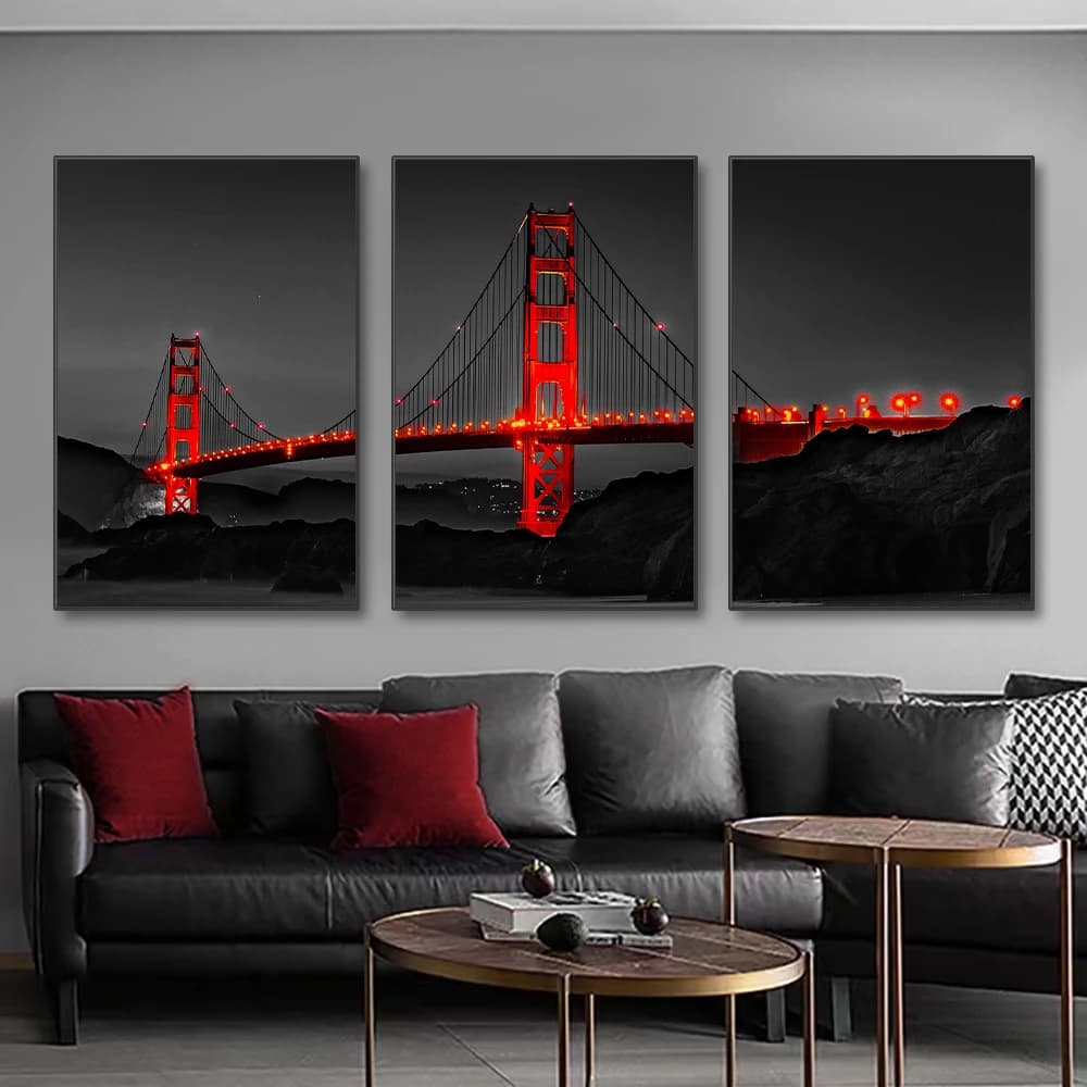3PCS Frameless Poster Golden Gate Bridge Night Landscape Canvas Painting Wall Art Prints Pictures for Living Room Home Decor