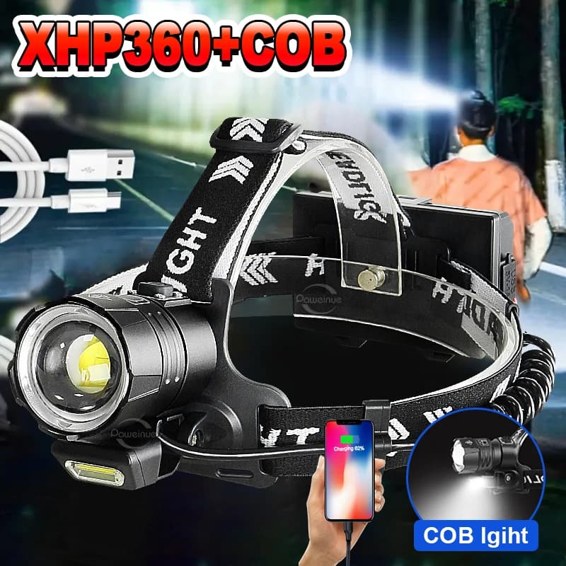 XHP360 COB Lampada frontale a LED Potente torcia frontale 18650 USB ricaricabile XHP199 Lampada frontale Zoom Lampada frontale impermeabile Lanterna