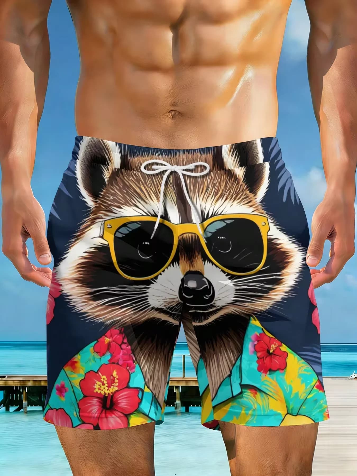 2026 Summer New Styles Tropical Floral Raccoon Sunglasses Shirt Plus Size Men's Casual Beach Shorts Suitable For Summer Outings And Beach Vacations Surfing And Relaxation Activities