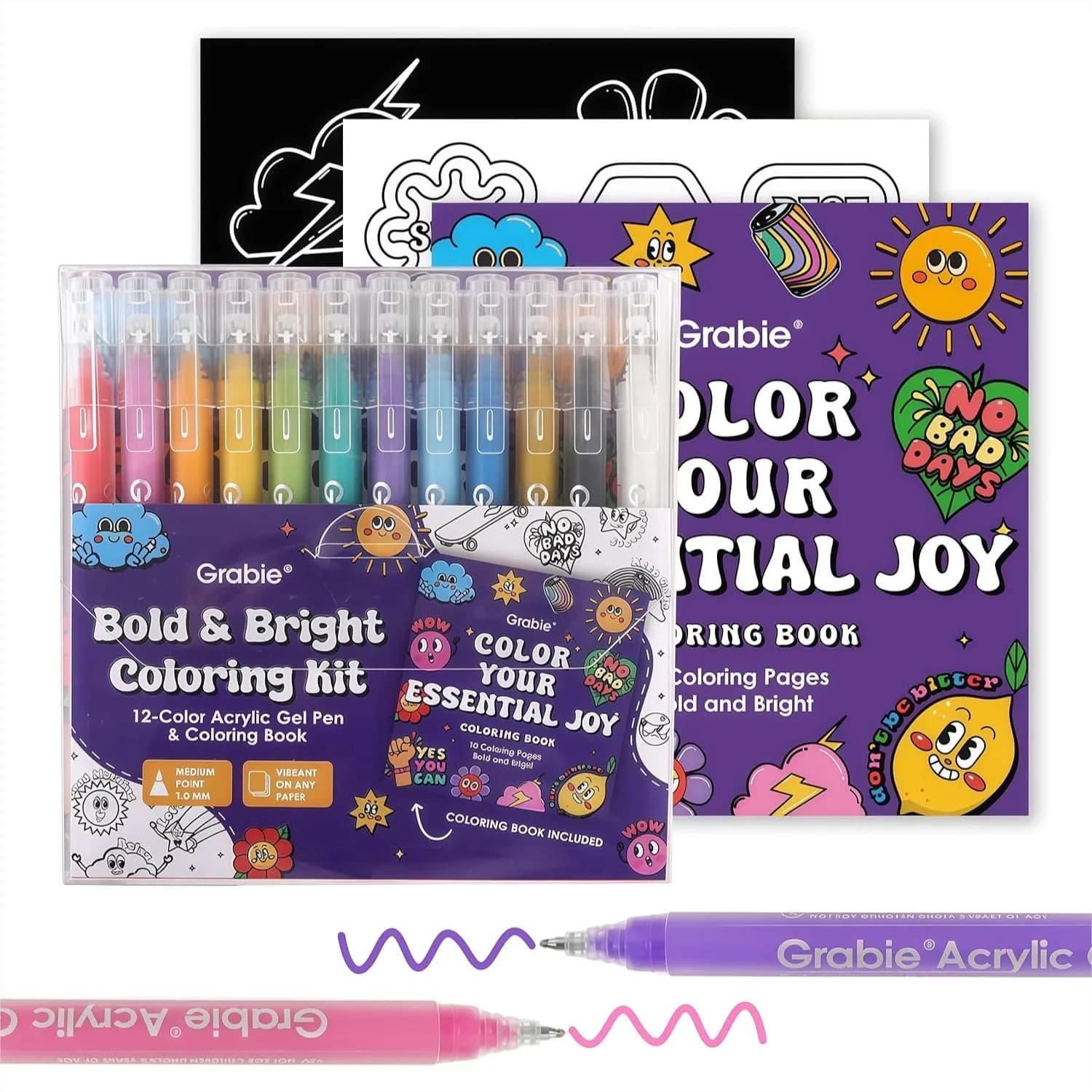 Set di penne gel acriliche con libro da colorare, punta media da 1,0 mm, penne gel opache per libri da colorare per adulti, disegno, journaling, agenda, articoli artistici, set regalo di 12 colori essenziali